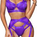 Kaei&Shi Garter Belt Thong Lingerie for Women, Strappy Hollow Out Underwire Racerback Sexy Lingerie, Harness Garter Leg Strap Matching 4 Piece Lingerie Set Boudoir Dark Purple, Medium