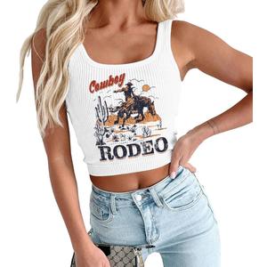 Cowgirl Cropped Tank Tops Summer Country Concert Outfits for Women Western Cowboy Vintage Graphic Crop Top (Medium)