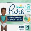 Pampers Pure Baby Diapers, Size 4 (22-37 lbs), 108, Up to 100% Leakproof, Premium Hypoallergenic Soft Diapers