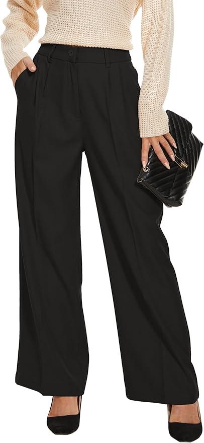 FUNYYZO Wide Leg Pants Women's High Elastic Waisted in The Back Business Work Trousers Long Straight Suit Pants, XS
