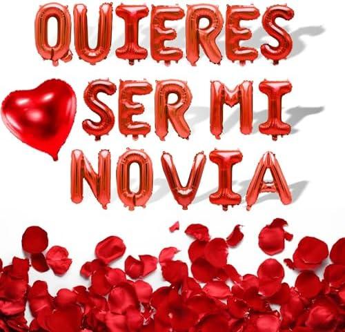 QUIERES SER MI NOVIA - 16'' Will You Be My Girlfriend Balloons Spanish with 200pcs Artificial Rose Petals for Valentines Day Decorations (Quieres Ser Mi Novia Balloons Red)