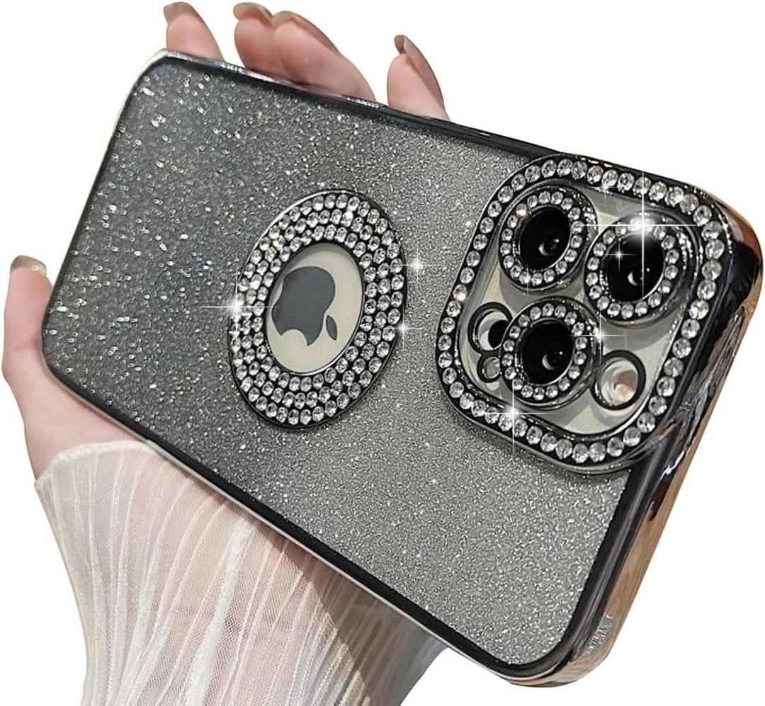 MINSCOSE Compatible with iPhone 12 Pro Max Glitter Case,Luxury Cute Sparkle Diamond Design with Bling Camera Protection Plating Logo View,Aesthetic Shockproof Bumper for Women Girls Phone Cover-Silver