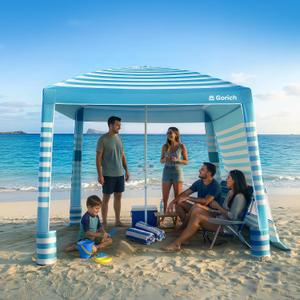 Gorich Beach Cabana with UPF50+ UV Protection, 8x8 FT/10x10 FT Beach Canopy Tent with Side Wall, Easy Setup, Windproof Portable Sun Shelter Shade for Family