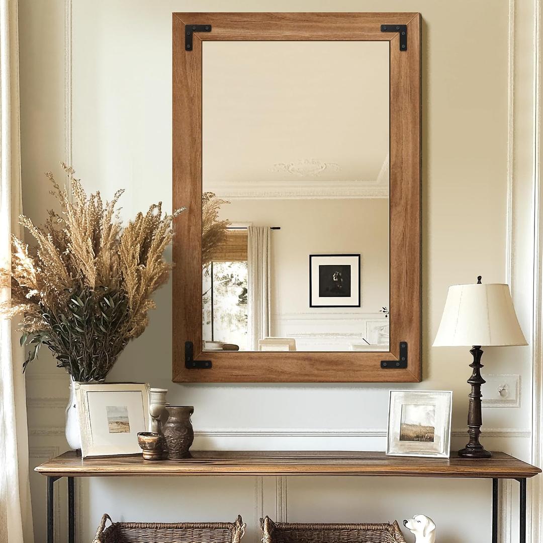 Bathroom Mirror for Wall with Wooden Frame, 20"x28" Solid Wood Vanity Mirror for Farmhouse, Bathroom, Bedroom, Vertical or Horizontal Hanging Brown, 28"L x 20"W