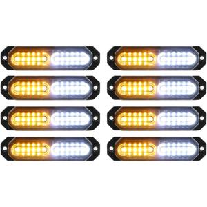 ASPL 8pcs Sync Feature Ultra Slim 12-LED Surface Mount Flashing Strobe Lights for Truck Car Vehicle LED Mini Grille Light Head Emergency Beacon Hazard Warning Lights (Amber/White)