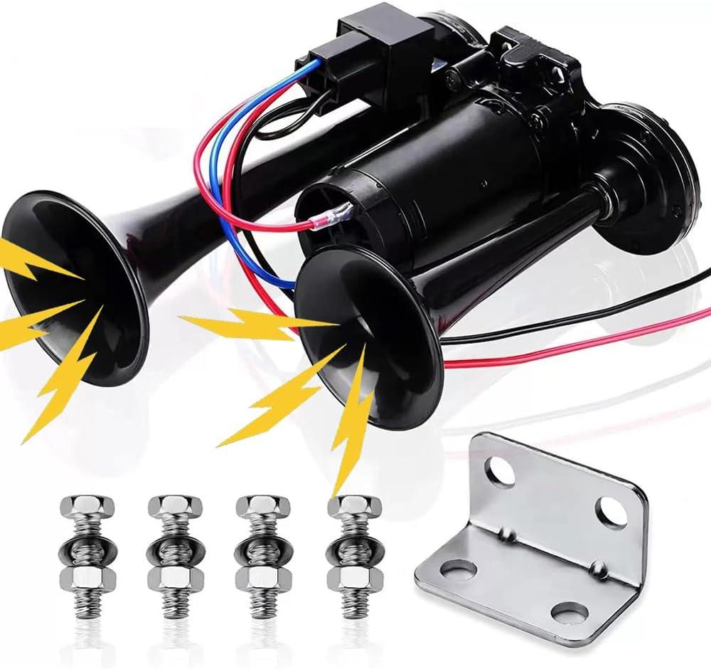 12V 600DB Super Loud Dual Electric Air Horns Kit with Compressor Applicablefor Any 12V Vehicles SUV Truck Car Airhorns Horn Loud Motorcycle Trucks Boats Trains Speaker (Black)