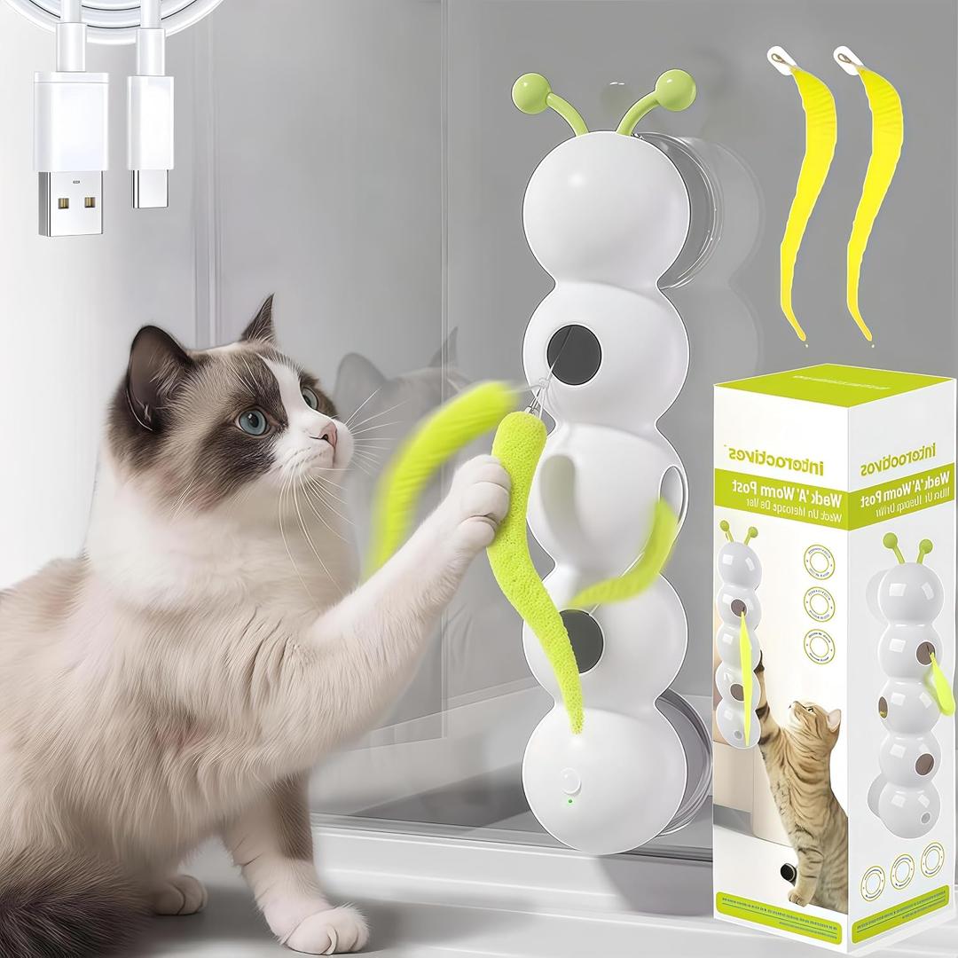 Interactive Cat Feather Toy, Automatic Fluffy Cat Teaser, Whack-a-Mole Cat Toy, USB Rechargeable, Wall-Mounted, with Suction Cup, Perfect for Indoor Cats