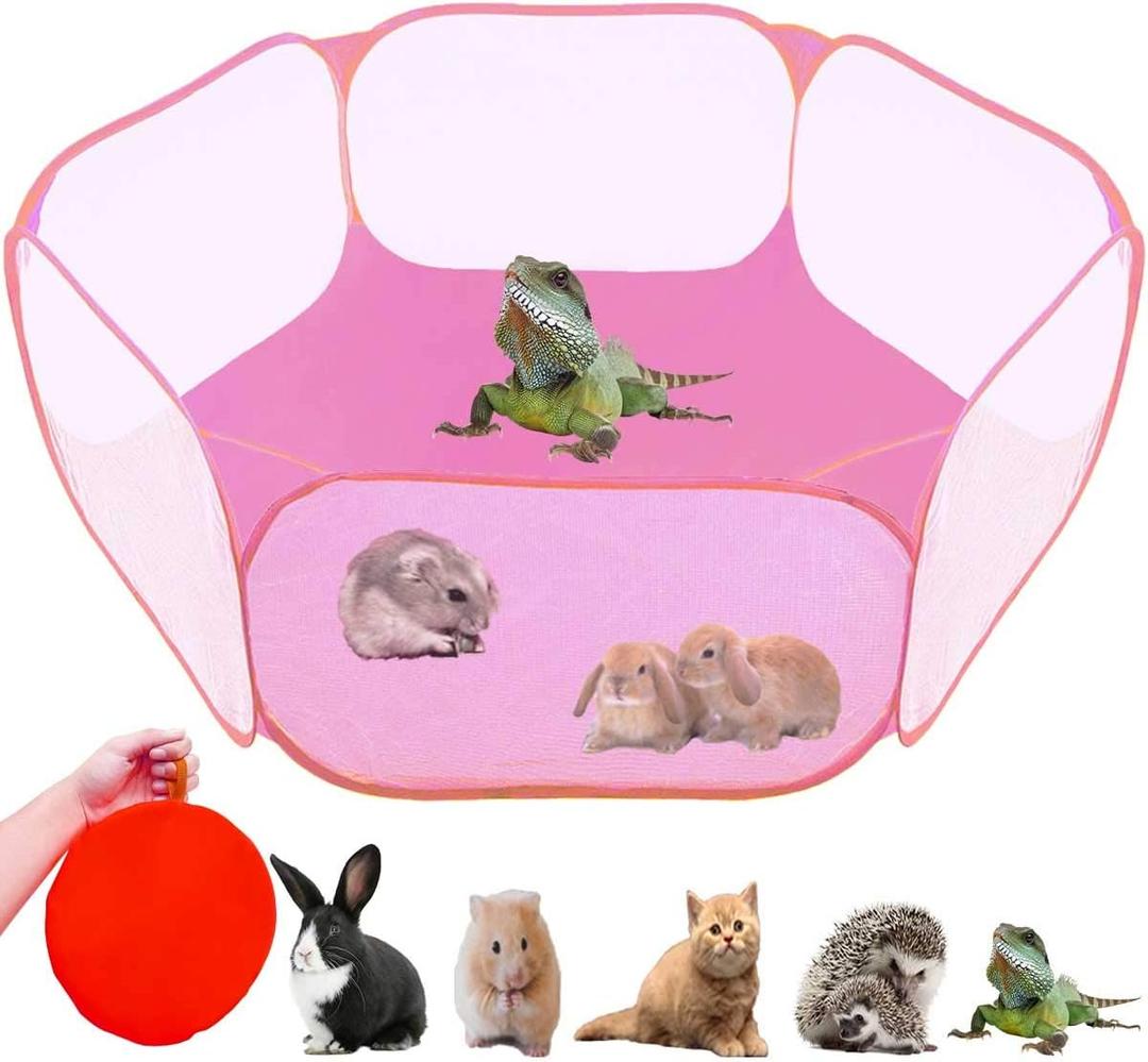 Small Animals Tent,Reptiles Cage,Breathable Transparent Pet Playpen Pop Open Outdoor/Indoor Exercise Fence,Portable Yard Fence (Pink)