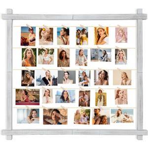 Photo Display Board With Clips,Picture Frame Collage for Wall Decor,Hanging Pictures Organizer Holder Wood for Graduation Party Letter Postcard Greeting Card,Pine,Adjustable Metal Bead String,Large (1 Pack, Rustic White)