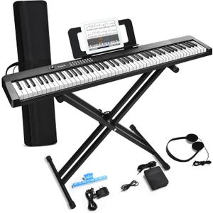 88 Key Piano Keyboard, Electric Digital Piano with Semi Weighted Keys, Keyboard Piano with Sustain Pedal, Power Supply, Stand, Carrying Case, Headphones, USB-MIDI Compatibility, for Beginner Adults (Black)
