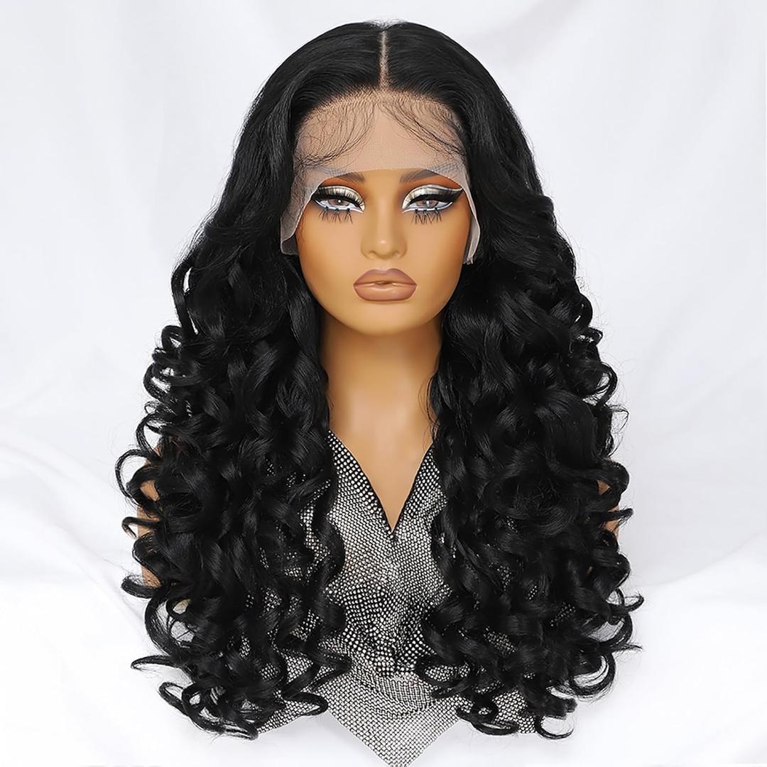 Felek 13x6 Synthetic Lace Front Wig Loose Wave HD Transparent Lace Frontal Wigs Pre Plucked Wear and Go Glueless Wigs for Black Women 24 inch Long Curly Wig Off Black 1B