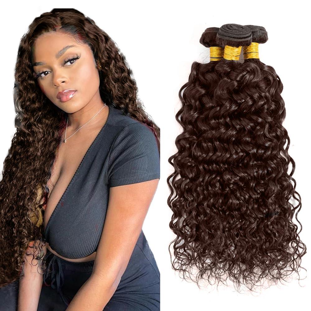 Dark Brown Bundles Color #4 Water Wave Bundles Human Hair 8A Peruvian Virgin 22 24 26 Inch Chocolate Brown Wet and Wavy Bundle Hair Extensions No Tangle 150g