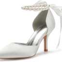 Women's Pearl White Wedding Shoes for Bride High Heels Pointed Toe Bridal Shoes Satin Prom Party Dress Pumps Sandals, Size 40
