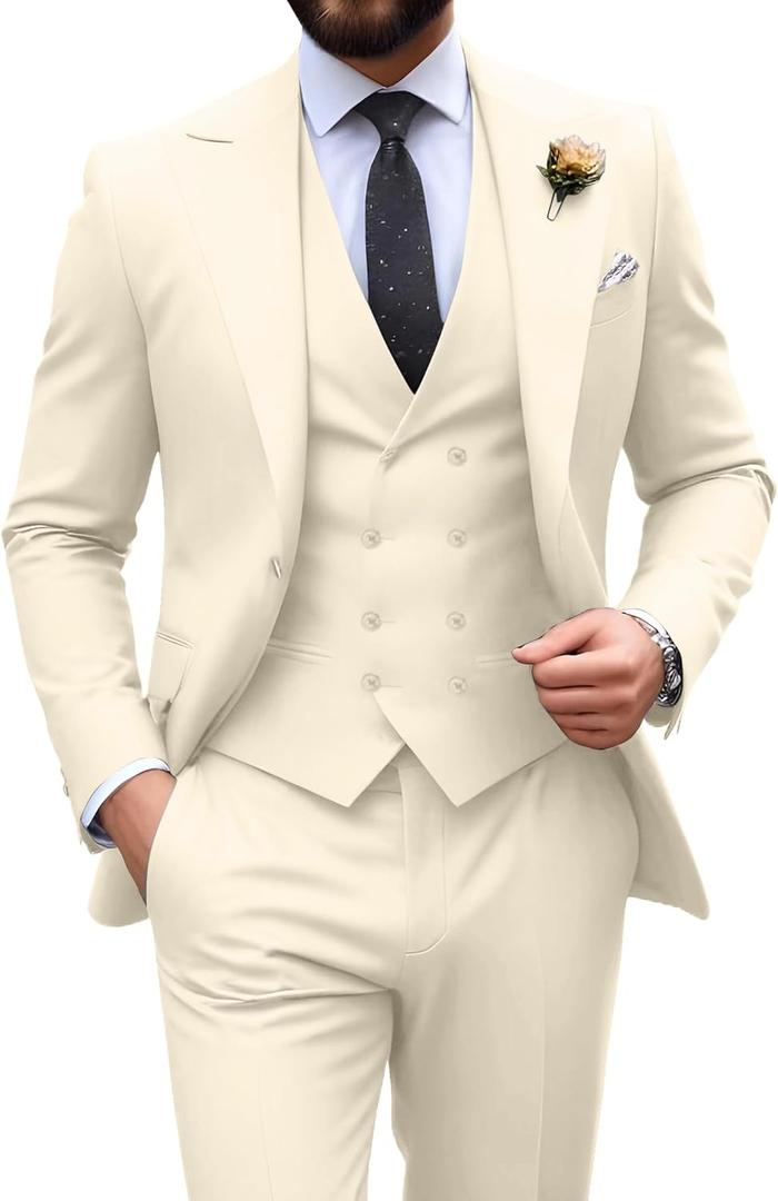 Men's Suit Slim Fit 3 Piece Tuxedo Formal Wedding Casual Groom Suits Double Breasted Suit Men Business Blazer Vest Pants Set Cream XX-Large