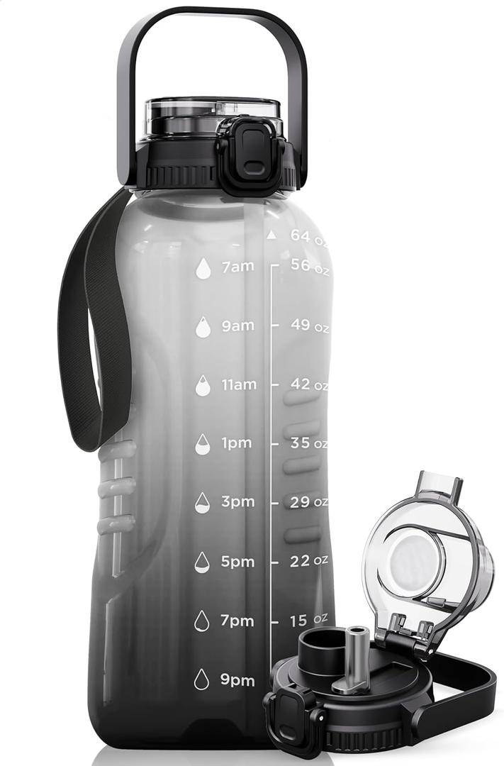 AQUAFIT 64 oz Water Bottle with Time Marker - 2in1 Straw & Chug Lid - BPA Free Big Water Bottle with Straw - Gym Water Bottle with Strap - Water Jug (64 Ounces, Midnight Gray)
