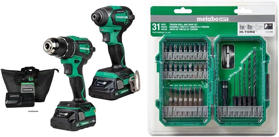 Bundle of Metabo HPT 18V MultiVolt Cordless Brushless Driver Drill & Impact Driver Combo Kit | KC18DEXQB + Metabo HPT Drill and Drive Bit Set | 31 Piece | 115743M