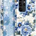 PIXIU Unique Flower Pattern Compatible with Samsung Galaxy S25 Ultra 5G case,Heavy Duty Dual Layer Shockproof Full-Body Protective Sturdy Hybrid Cute Rugged Case for Women,Girls,Kids-Blue Peony