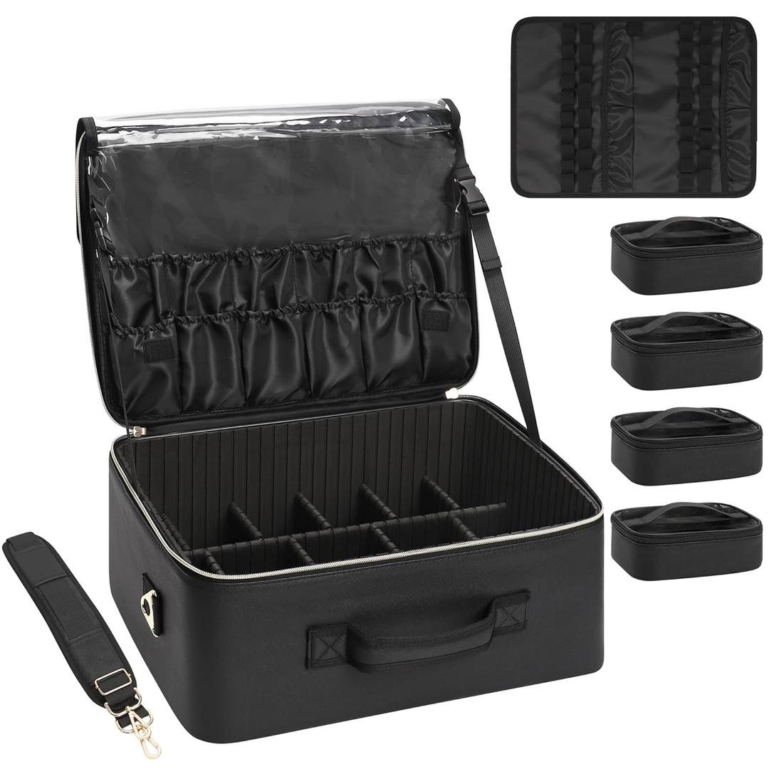 Relavel Extra Large Makeup Bag,Professional Makeup Train Case for Makeup Artists,Travel Cosmetic Organizer Box with 4 Small Portaleb Case Bag&Brush/Lipstick Plate,Adjustable Compartments Dividers