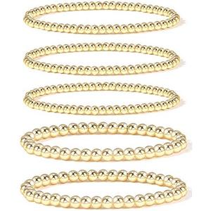 Badu Gold Plate Bead Bracelet for Women 14K Gold Plated Bead Ball Bracelet Stretchable Elastic Hypoallergenic Bohemian Stackable, 5 Piece