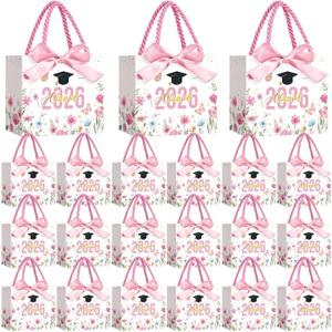 Moinchore 30 Pcs Wildflower Graduation Gift Bags Bulk Small Class of 2026 Congrats Grad Candy Goodie Bags with Handles Bow Ribbon Freshly Graduated Decorations Spring Party Favors