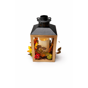 Lantern Decor for Fall Harvest - Sunflower, Pinecone and Berry Hanging Lantern, Autumn Wood Tabletop Centerpiece