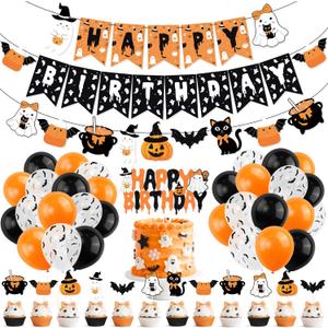 Orange Black Halloween Happy Birthday Decor Cute Ghost Banner Cake Topper Balloons for Halloween Theme Birthday Party The Spooky One Little Boo Happy Boo Day Party Supplies
