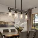 Farmhouse Dining Room Light Fixture, 4-Light Wood Kitchen Island Lighting for Dining Room Over Table, Black Adjustable Pendant Light with Seeded Glass Shades, Linear Chandeliers Lighting for Kitchen