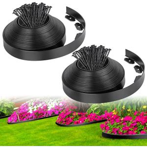2-Inch x 66 FT Landscape Edging Border with 100 Spikes, No Dig Garden Border Edging Kit, Plastic Edging Border Flexible for Garden Flower Beds Lawn Yard Paver Pathway (Black)