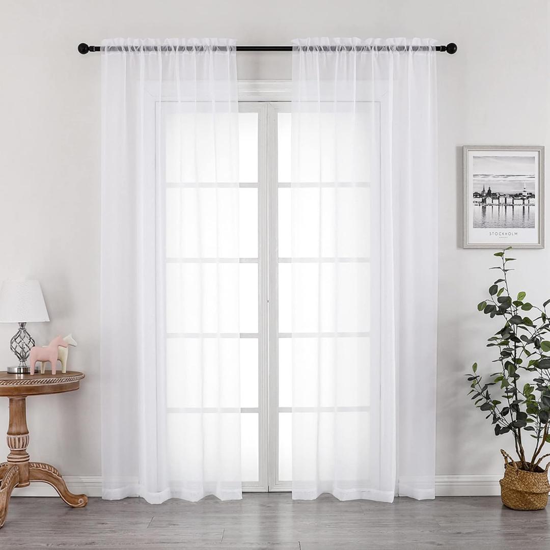 OVZME White Sheer Curtains 90 Inches Long 2 Panels - Soft Light Filtering Window Sheer Panels for Living Room/Bedroom, Top Dual Rod Pocket, 1 Pair, Each 42Wx90L Inches