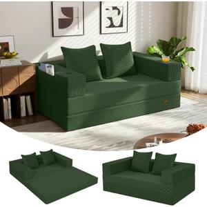 COMAX Futon Sofa Bed, 4in1 Convertible Sofa Bed, Folding Boneless Couches for Living Room, Fold Out Small Foldable Loveseat Floor Sleeper Comfy Mattress Lounge SpaceSaving, Green