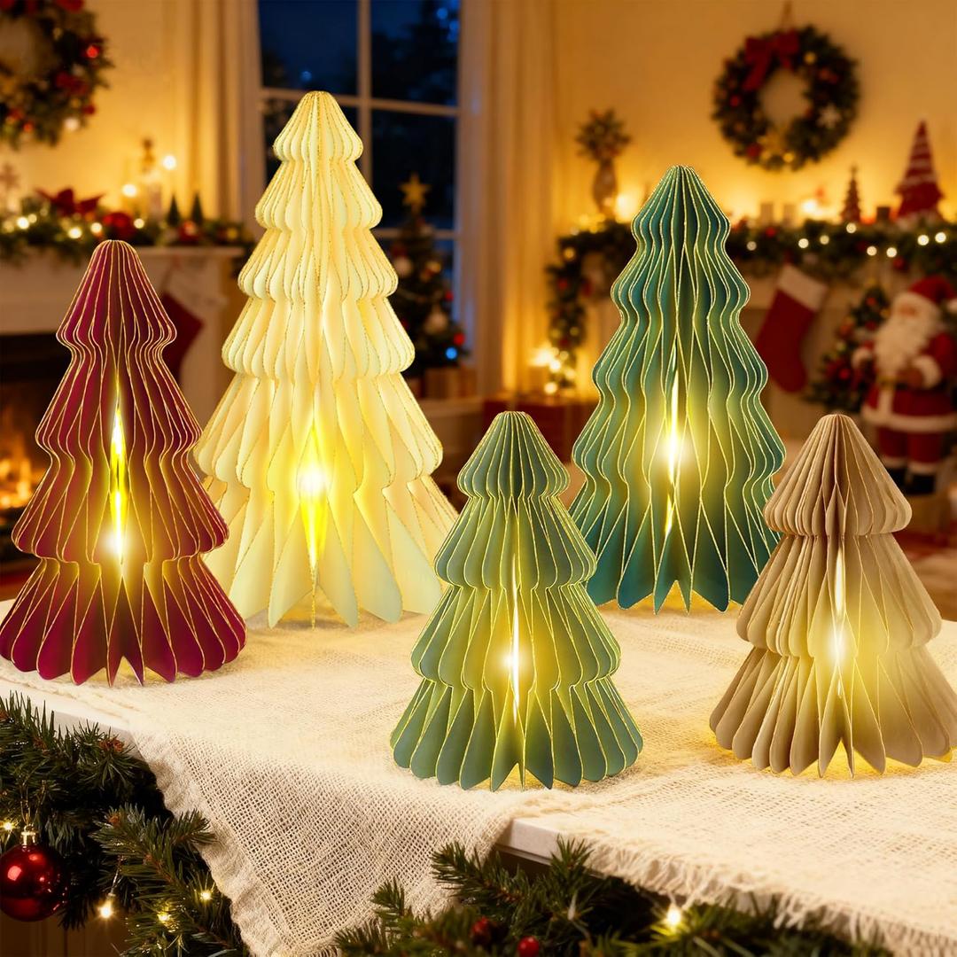 5Pcs Christmas Table Decorations Indoor, 3D Honeycomb Paper Christmas Trees, Light Up Green Red Beige Vintage Table Centerpieces for Christmas Winter Wonderland Holiday Party Home Decor, 8"-12" Inch (Colorful)
