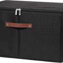 Storage Bins with Zipper Lid Cotton Linen Fabric Lidded Storage Baskets Boxes Foldable Washable Closet Shelf Clothes Organizer Container with PU Leather Handles (Black, Extra Large)