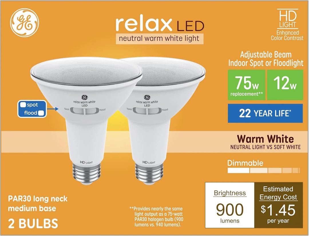GE Relax HD 75-Watt EQ LED Par30 Long Neck Warm White Dimmable Adjustable Flood & Spot Light Bulb (2-Pack)