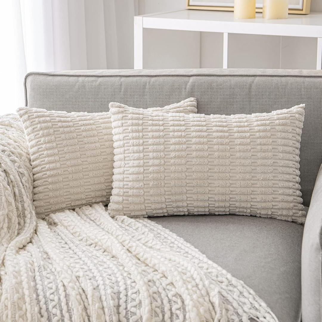 ANRODUO Pack of 2 Cream White Pillow Covers Decorative Throw Pillows 12x20 Inch for Couch Bed Living Room Soft Corduroy Striped Square Cushion Case Boho Throw Pillows Neutral Room Spring Room Decor