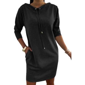 CHICME Women's Sweatshirt Dress Casual 3/4 Sleeve Mini Dress Stand Collar Drawstring Pullover Tunic Top with Pockets (X-Large, Black)