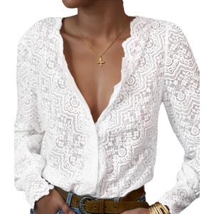 Lace Tops for Women Dressy Casual Blouses Puff Long Sleeve V Neck Button Down Business Work Shirts (Small, White)