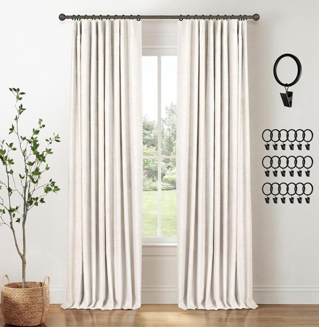 INOVADAY 100% Blackout Curtains for Bedroom, Black Out Curtains 96 Inch Long, Clip Rings Linen Blackout Drapes, Thermal Insulated Room Darkening for Living Room, 2 Panels - Beige,W50xL96