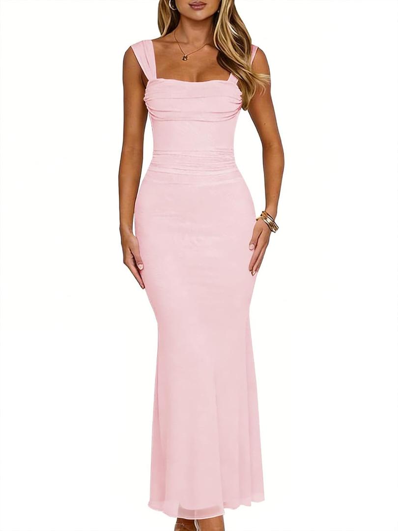 Women's Sexy Bodycon Mesh Backless Maxi Dress Sleeveless Square Neck Wedding Guest Cocktail Party Long Dresses (Pink), XS