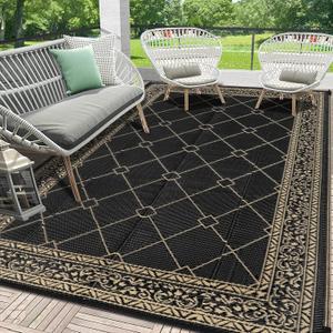 HEBE Outdoor Rug Waterproof 6x9, Reversible Plastic Straw Rug RV Camping Rug, Indoor Outdoor Patio Mat Clearance, Outside Carpet for Porch,Deck,Camper,Balcony,Backyard,Picnic (Diamond/Black)