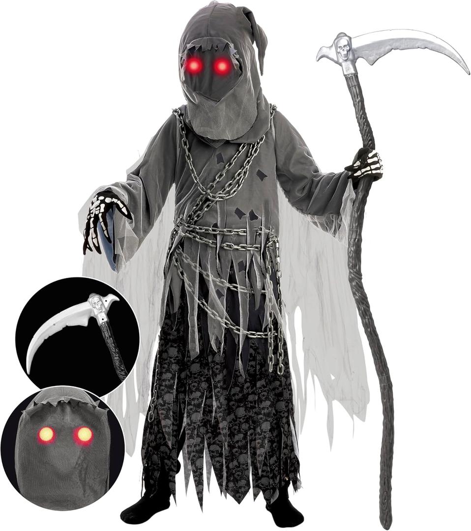 Spooktacular Creations Child Unisex Grim Reaper Costume, Halloween Costume with Glowing Red Eyes for Kids Trick-or-Treating, XL(12-14yr)