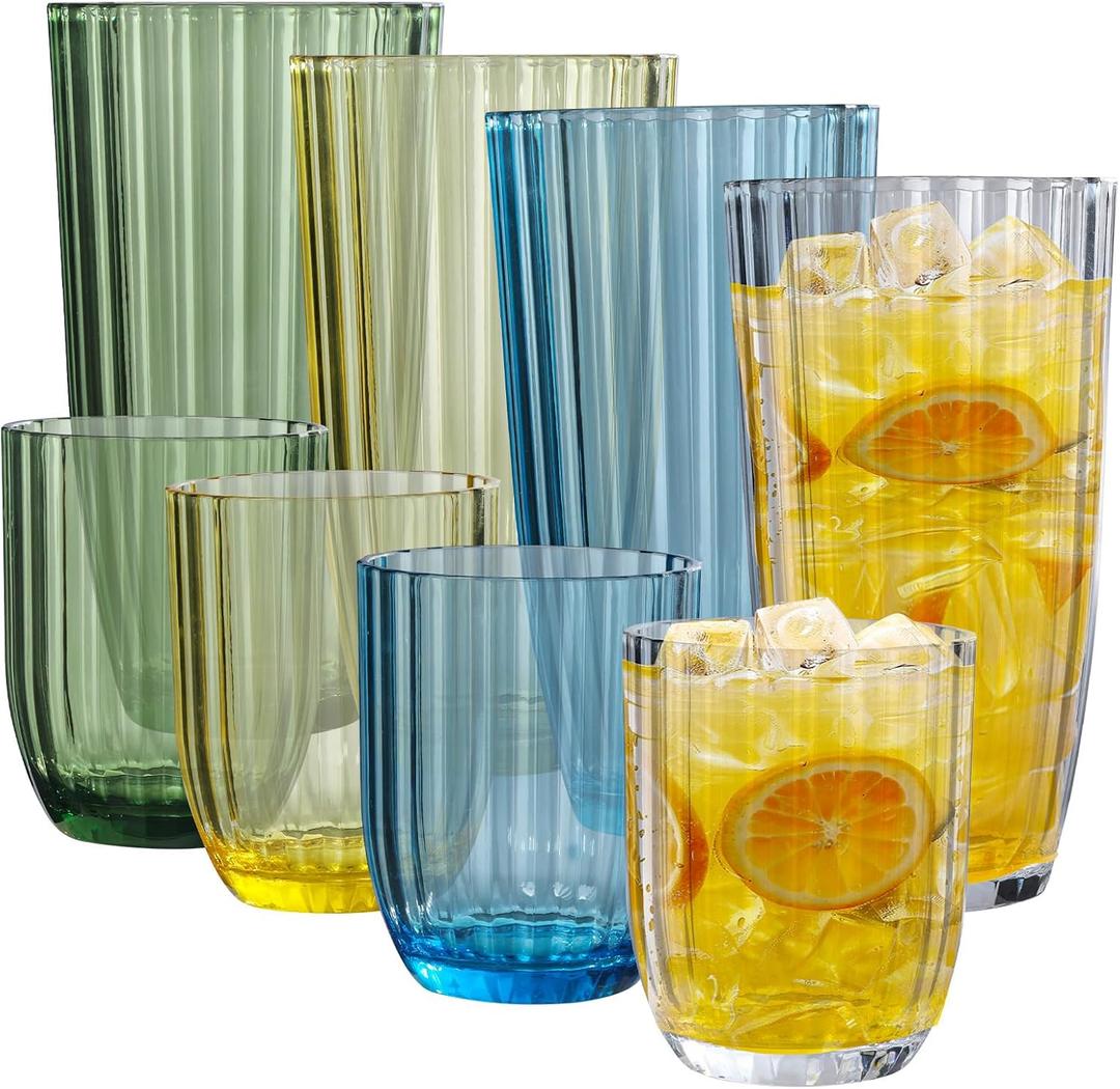 Acrylic Clear Highball Plastic Cups | Plastic Reusable Tumblers 15oz & 20oz (Set of 8) | Stackable | BPA-free Tumblers | Shatterproof | Top-rack Dishwasher Safe