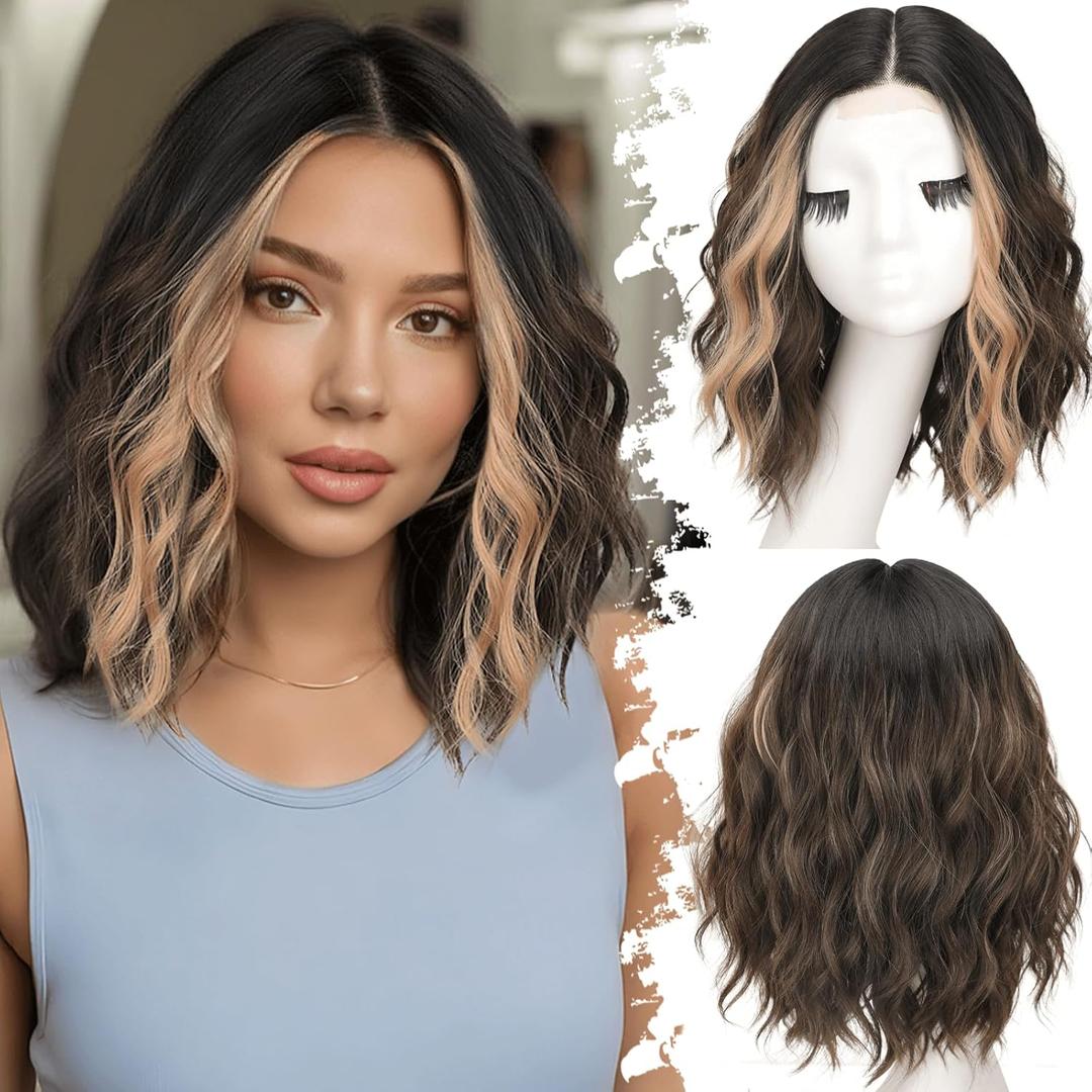 Dark Brown Mixed Blonde Short Wavy Wig for Women Lace Hairline Bob Style Synthetic Heat Resistant - Natural Appearance for Everyday Hairstyle 14 Inch