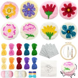 Soleeya Punch Needle Kits Adults Beginner 8 Pcs Floral Punch Needle Embroidery Kit Punch Stitching Including Yarn Tools and Tutorials Easy to Start Rug Tufting Coaster DIY Craft Gifts