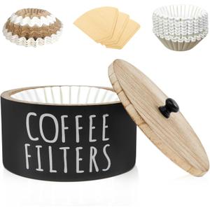 Coffee Filter Holder - Wooden Coffee Storage Container with Lid, Multipurpose Filter Dispenser, Sturdy Coffee Pod Organizer for Bar Counter Decor (Black)