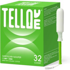 Tellove Tampons with 100% Organic Cotton Core, 32 Count(16 Regular, 16 Super), Featuring 360 Comfort-Expand Technology with BPA-Free Applicator, Leak-Proof for 8 Hours, Comfort-Fit for Sensitive Skin