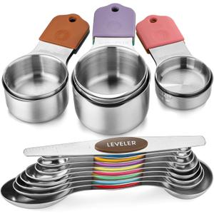 Magnetic Measuring Cups and Spoons Set Stainless Steel 7 Heavy Duty Measuring Cup & 8 Measuring Spoons with 1 Leveler for Measure Dry and Liquid Ingredients (color)