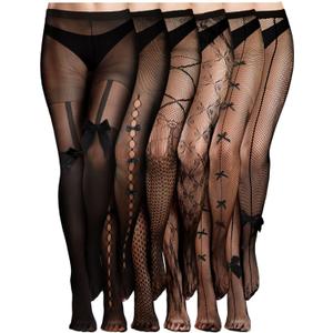 Ramede 6 Pairs Women Fishnet Thigh High Stockings Waist Tights Bow Patterned Fishnet Leggings Pantyhose for Halloween (X-Large-XX-Large, Black)