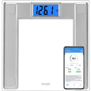Vitafit 550lb Digital Bathroom Scale for Body Weight and BMI Via Smart APP, High Accuracy Assured by Weighing Professional Since 2001, 8mm Tempered Glass, Extra Large Blue Backlit LCD, Silver