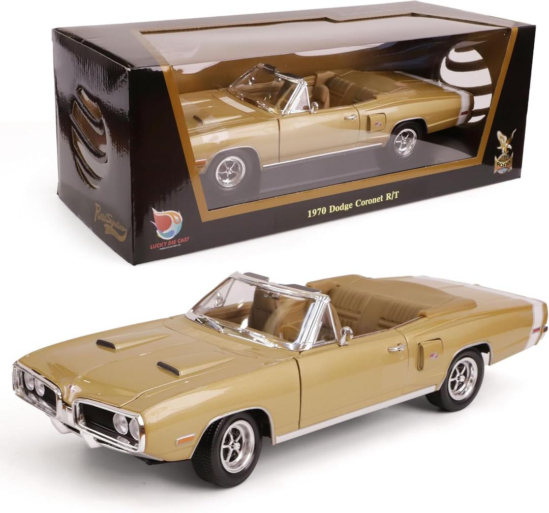 1970 Dodge Coronet R/T 1/18 Scale Die-Cast Metal Model Car with Opening Doors & Display Case - Premium Classic Vintage Collectible Car Gift for Men and Adults (Gold)