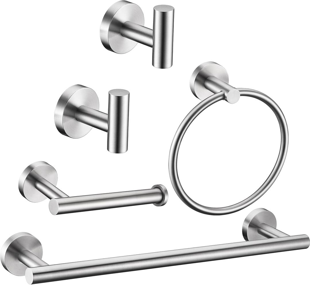 5 Pieces Brushed Nickel Bathroom Hardware Set Include 16inch Towel Bar,2pcsTowel Hooks,Toilet Paper Holder,Hand Towel Ring Round SUS304 Stainless Steel Bathroom Accessories Set Heavy Duty Wall Mounted